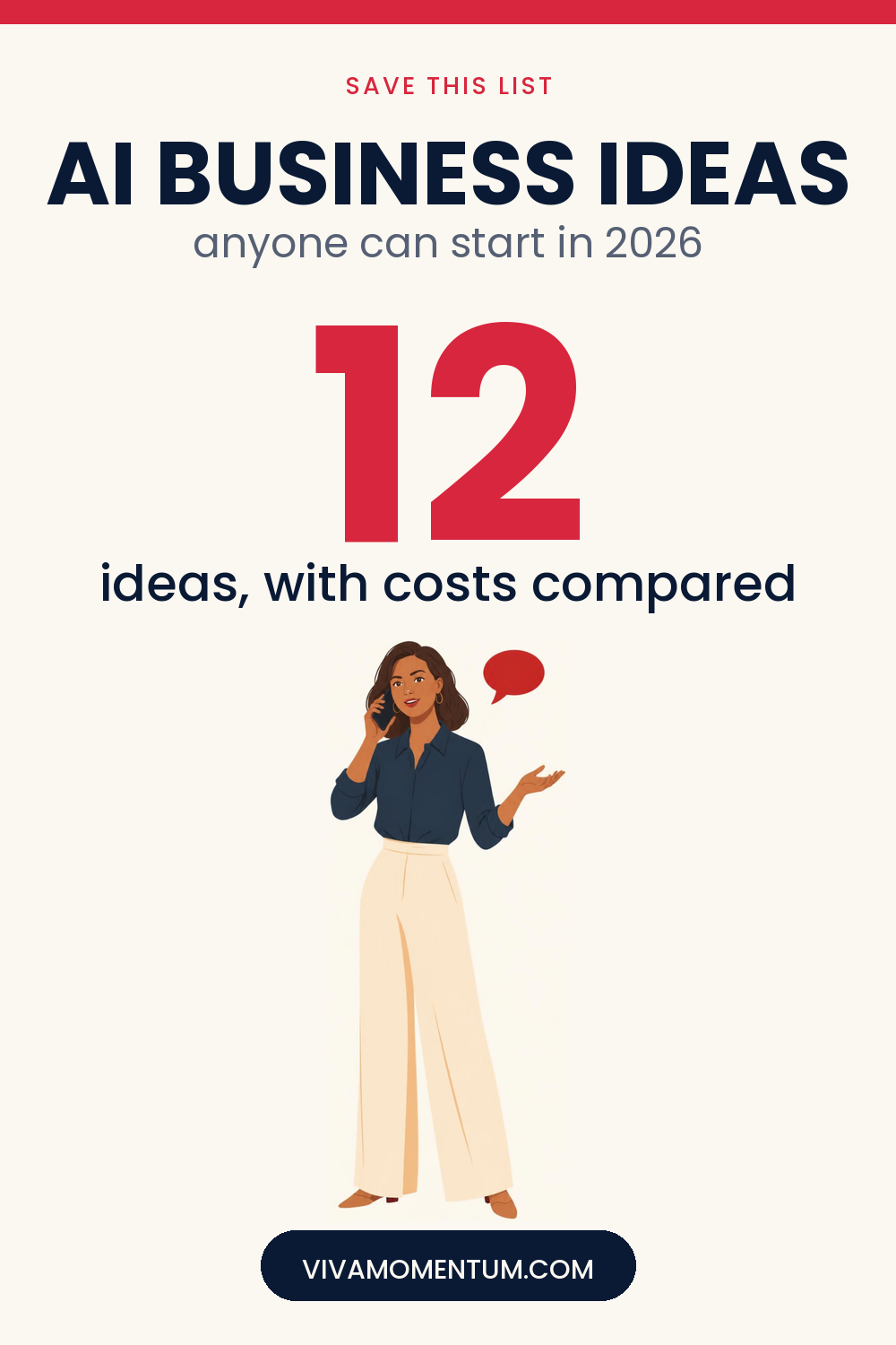 Pinterest image for the VivaMomentum article AI Business Ideas in 2026, with the illustrated VivaMomentum character