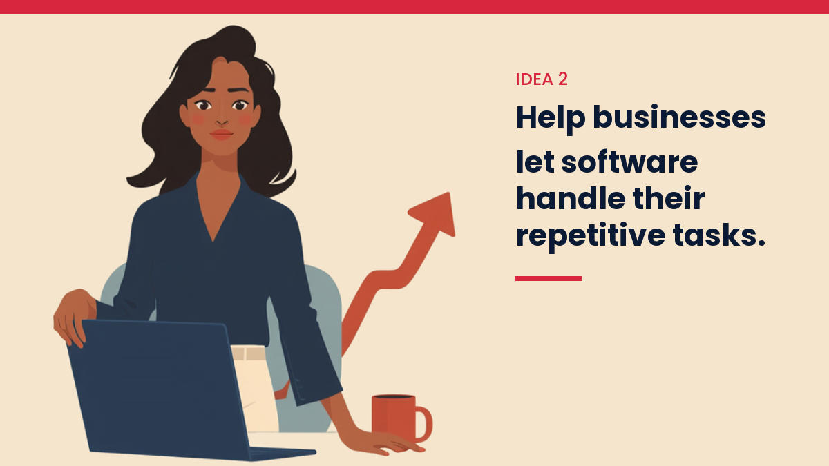 Illustrated VivaMomentum character beside the words: Help businesses let software handle their repetitive tasks.