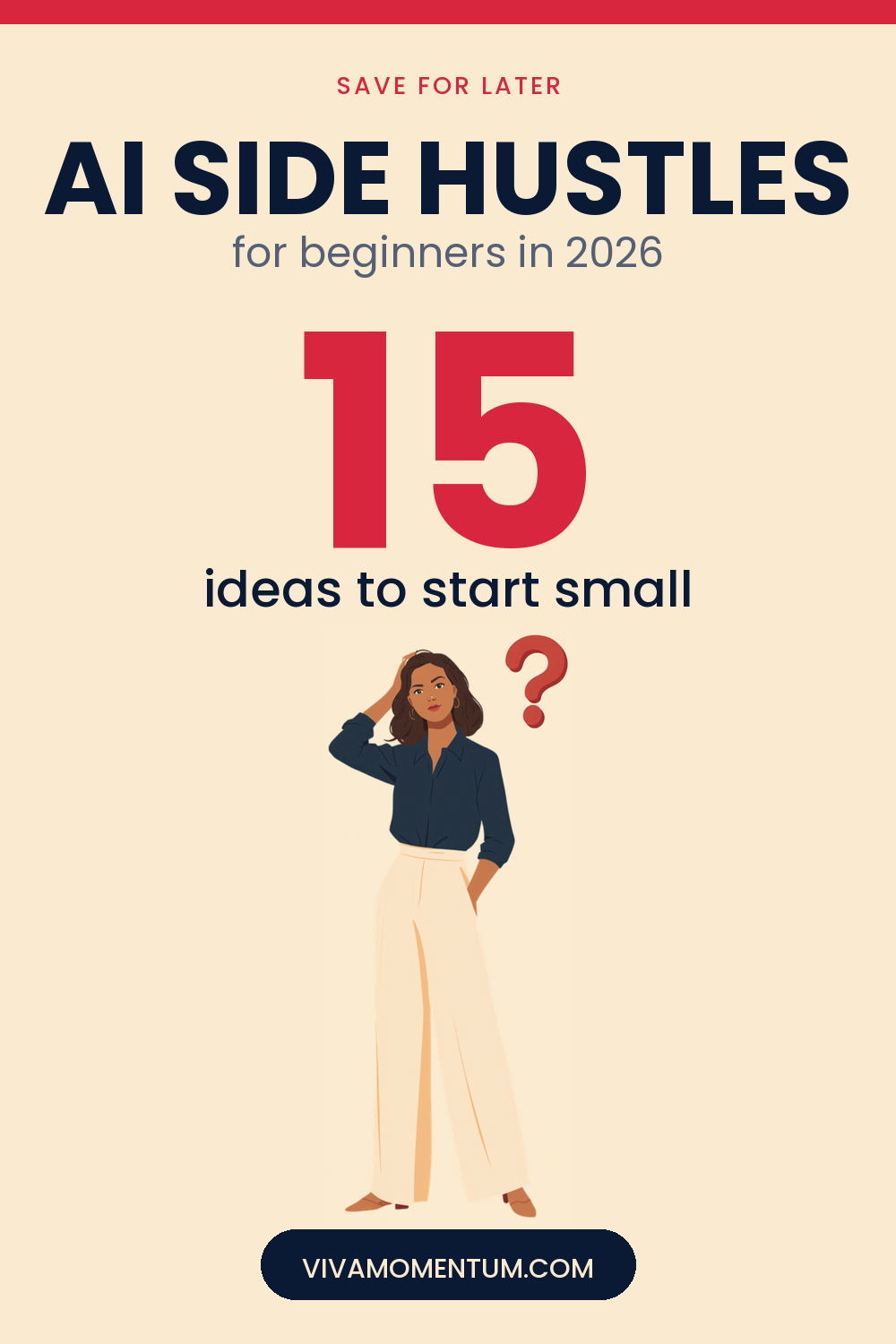 Pinterest image for the VivaMomentum article AI Side Hustles for Beginners, with the illustrated VivaMomentum character