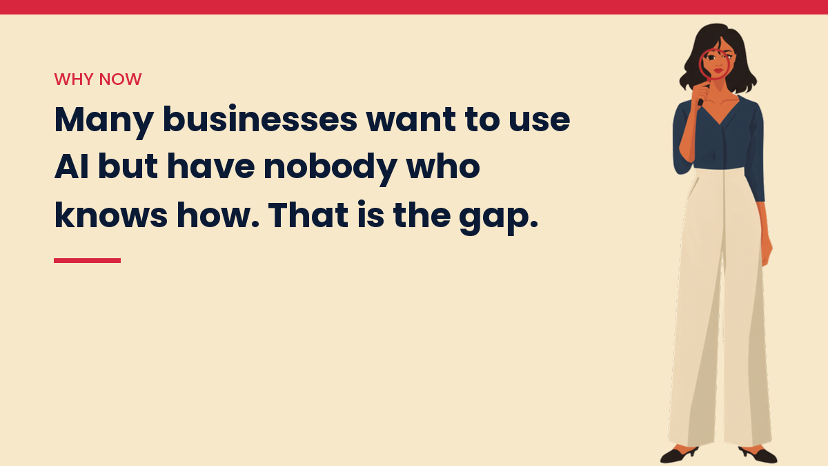 Illustrated VivaMomentum character beside the words: Many businesses want to use AI but have nobody who knows how. That is the gap.