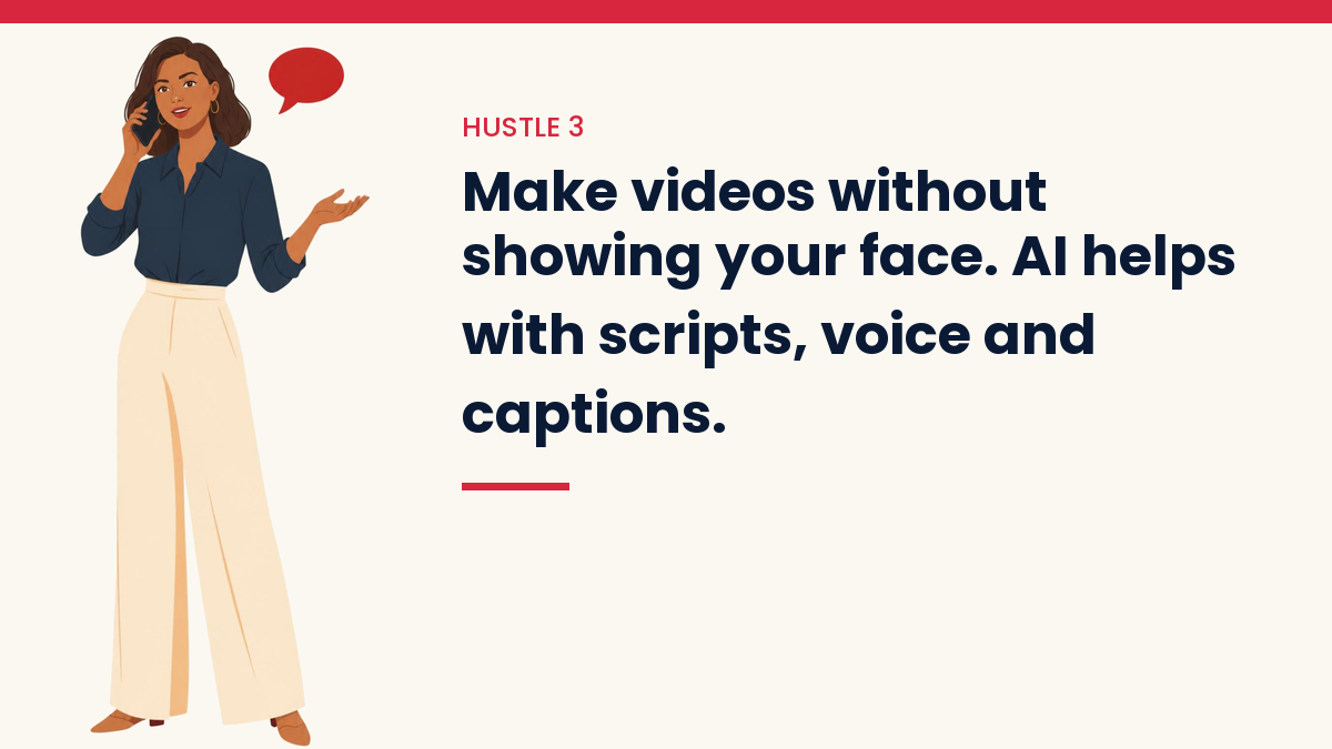 Illustrated VivaMomentum character beside the words: Make videos without showing your face. AI helps with scripts, voice and captions.