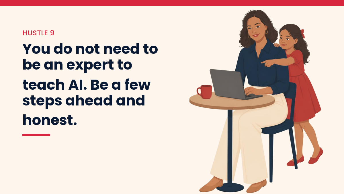 Illustrated VivaMomentum character beside the words: You do not need to be an expert to teach AI. Be a few steps ahead and honest.