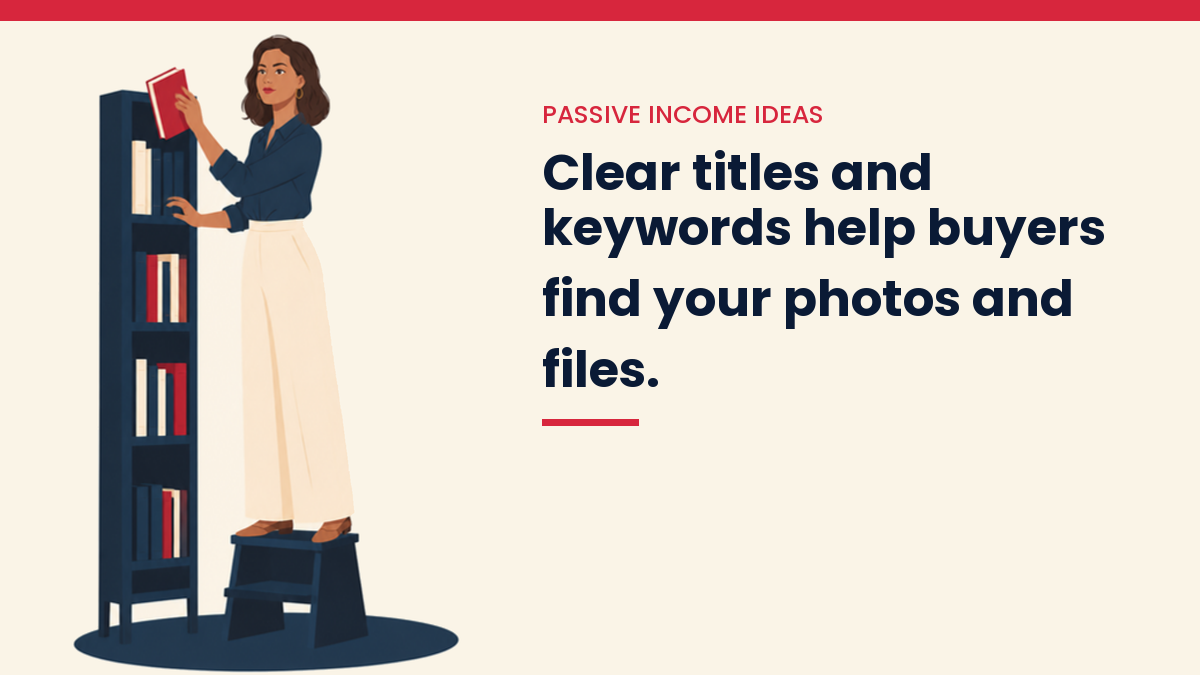 V, the VivaMomentum character, researching in a library: Clear titles and keywords help buyers find your photos and files.