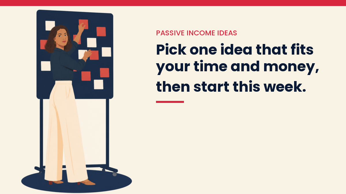 V, the VivaMomentum character, planning with sticky notes: Pick one idea that fits your time and money, then start this week.