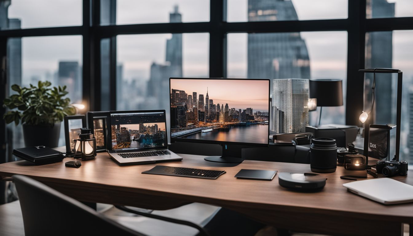 A beautifully curated set of affiliate products displayed on a stylish desk in a bustling cityscape. A beautifully curated set of affiliate products displayed on a stylish desk in a bustling cityscape.
