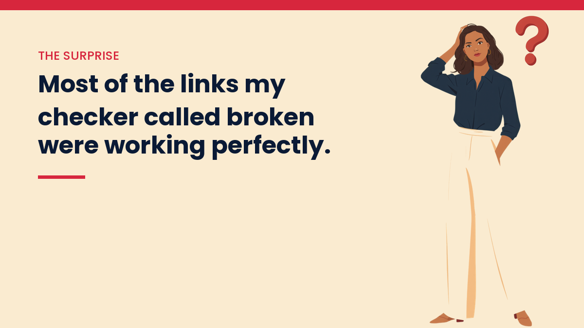 Illustration of a puzzled woman beside the line: most of the links my checker called broken were working perfectly
