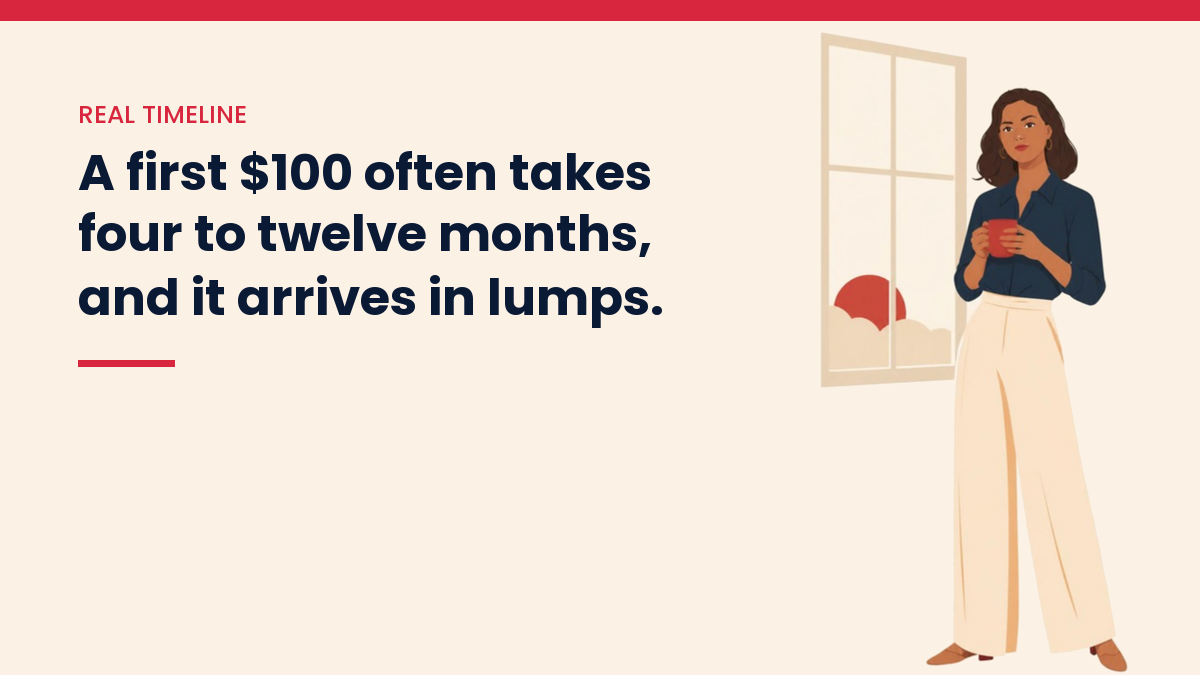 Illustration of V, the VivaMomentum character, holding a coffee cup by a sunny window, with the words: A first $100 often takes four to twelve months, and it arrives in lumps.