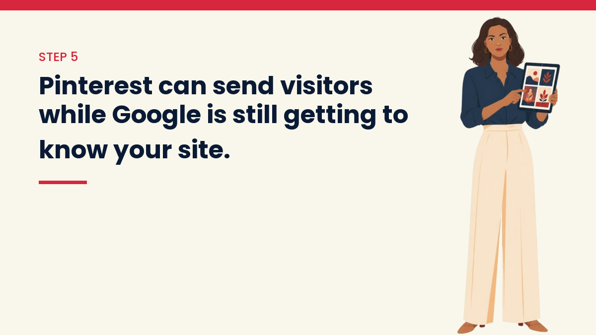 Illustration of V, the VivaMomentum character, holding up a tablet of picture pins, with the words: Pinterest can send visitors while Google is still getting to know your site.