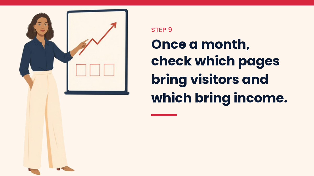 Illustration of V, the VivaMomentum character, pointing at a rising chart on a board, with the words: Once a month, check which pages bring visitors and which bring income.