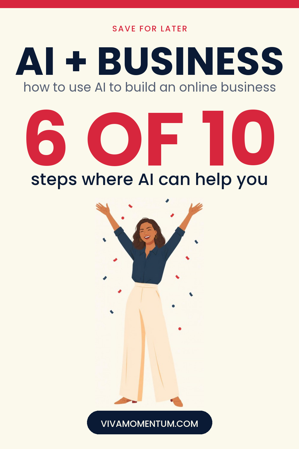 Pinterest image: V, the VivaMomentum character, throwing her arms up in celebration, with the title Ai + Business - how to use AI to build an online business