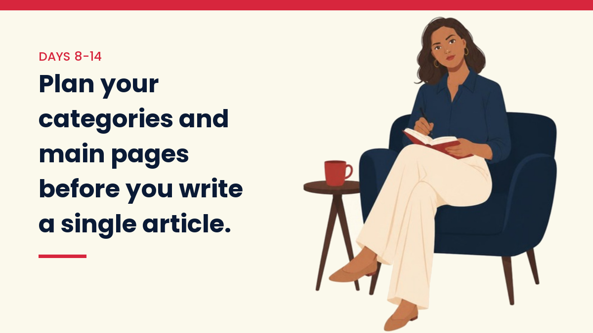 Illustration of V, the VivaMomentum character, reading a notebook in an armchair, with the words: Plan your categories and main pages before you write a single article.