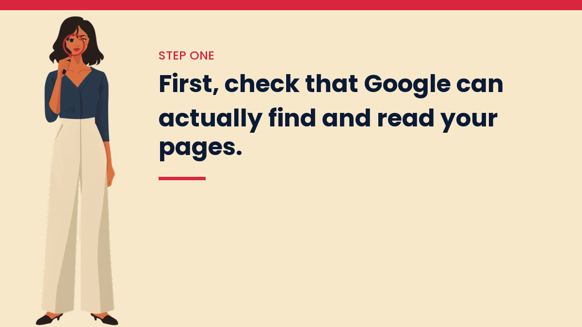 V, the VivaMomentum mascot, thinking with a hand on her chin, next to the words: First, check that Google can actually find and read your pages.