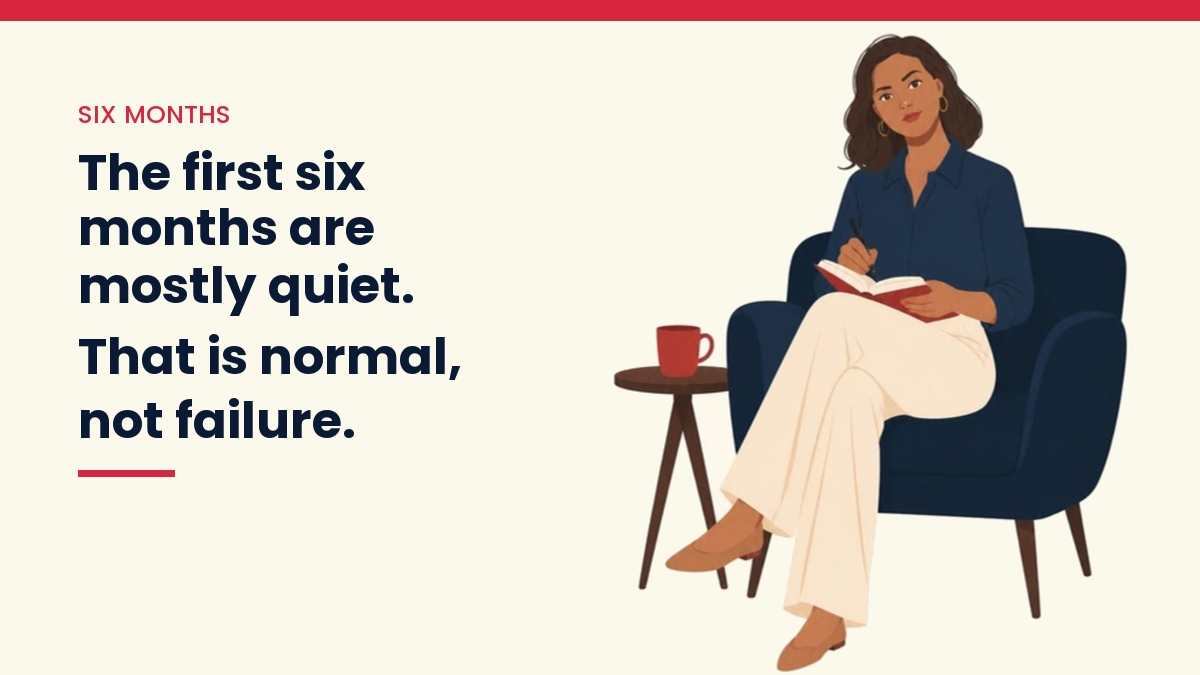 V, the VivaMomentum mascot, writing in a notebook in an armchair, next to the words: The first six months are mostly quiet. That is normal, not failure.