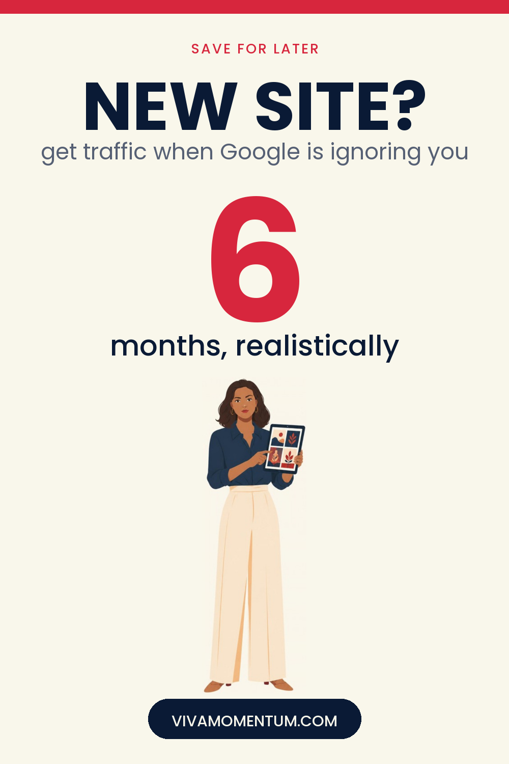 Pinterest image for How to Get Traffic to a New Website When Google Is Ignoring You: V, the VivaMomentum mascot, holding a tablet full of pin images