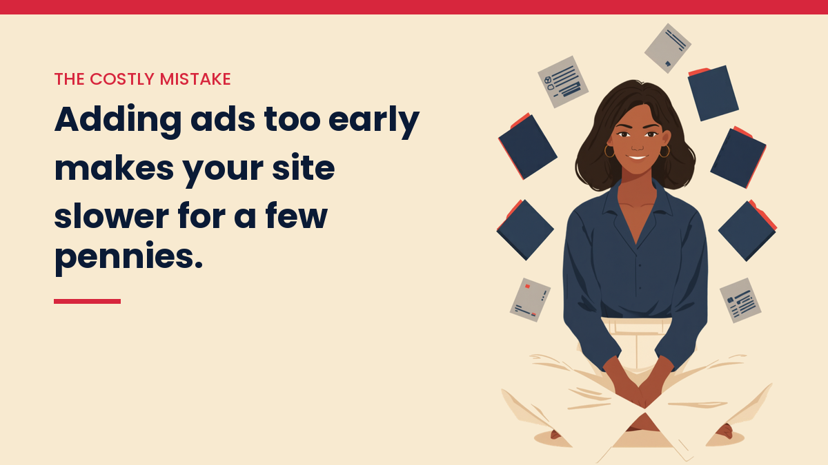 V, the VivaMomentum mascot, sitting among floating papers, next to the words: Adding ads too early makes your site slower for a few pennies.