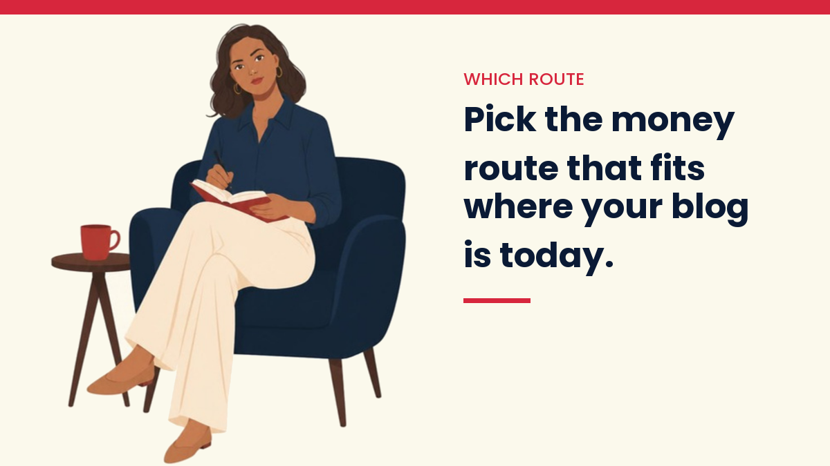 V, the VivaMomentum mascot, writing in a notebook in an armchair, next to the words: Pick the money route that fits where your blog is today.