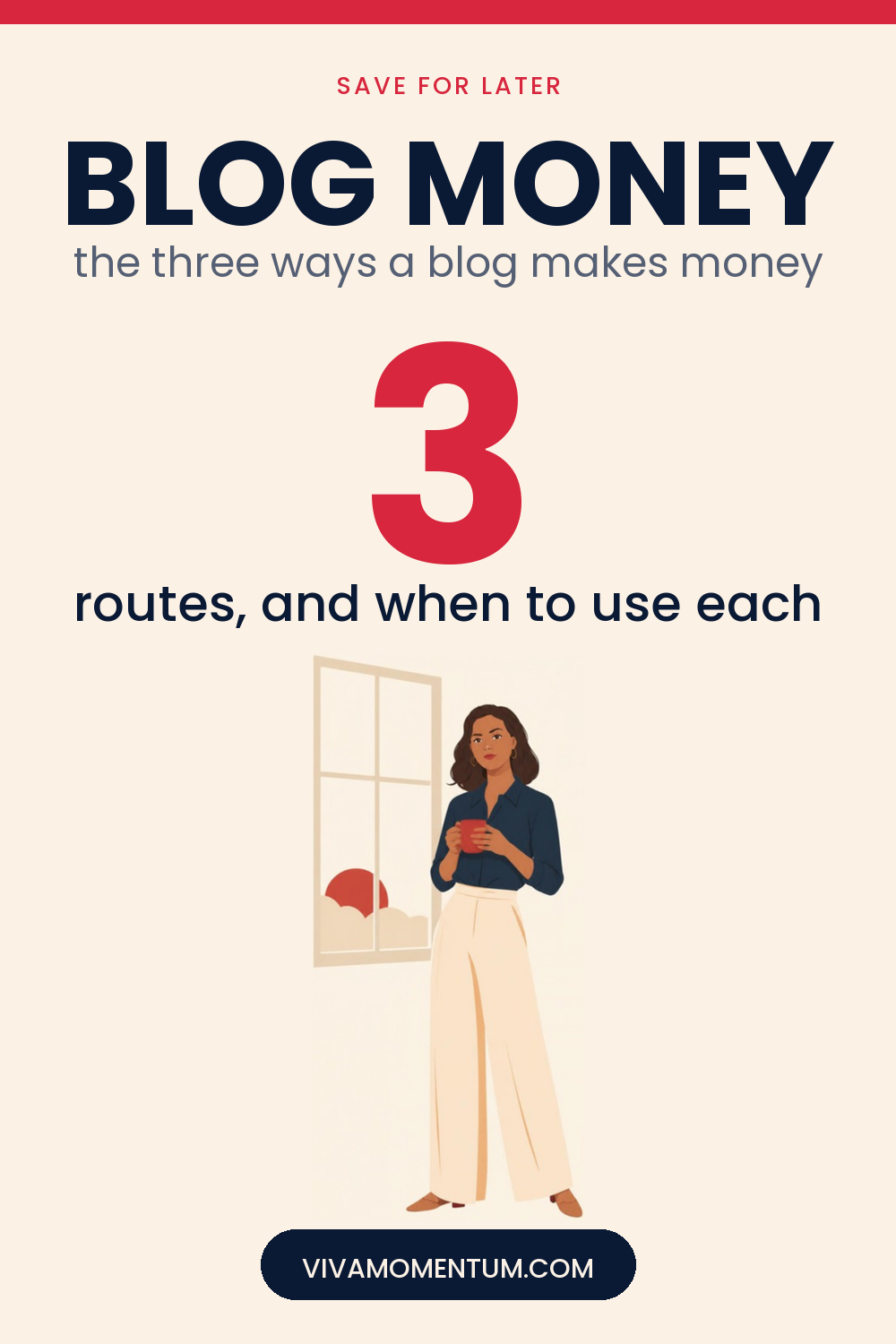 Pinterest image for How to Make Money With a Blog: The Three Routes and When to Use Each: V, the VivaMomentum mascot, holding a coffee by a window