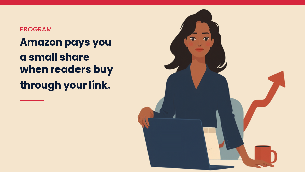 Illustrated VivaMomentum character beside the words: Amazon pays you a small share when readers buy through your link.