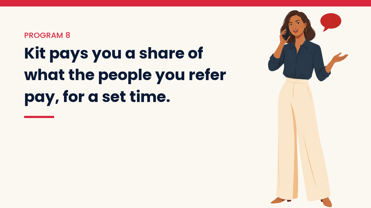 Illustrated VivaMomentum character beside the words: Kit pays you a share of what the people you refer pay, for a set time.