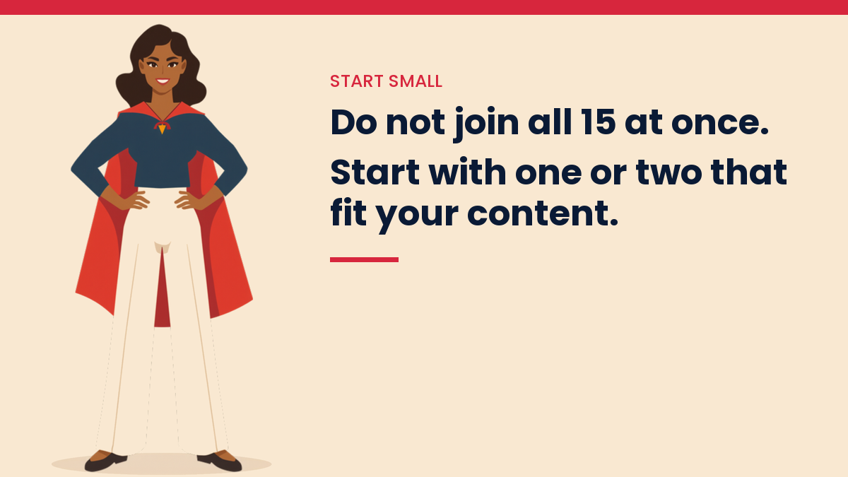 Illustrated VivaMomentum character beside the words: Do not join all 15 at once. Start with one or two that fit your content.