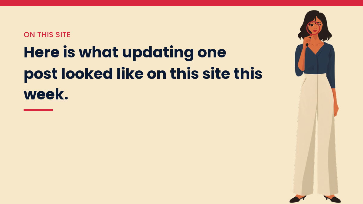 V, the VivaMomentum mascot, thinking with a hand on her chin, next to the words: Here is what updating one post looked like on this site this week.