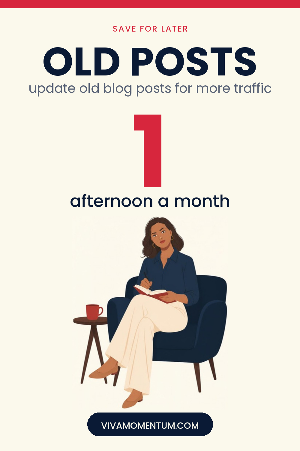 Pinterest image for How to Update Old Blog Posts for More Traffic: V, the VivaMomentum mascot, writing in a notebook in an armchair