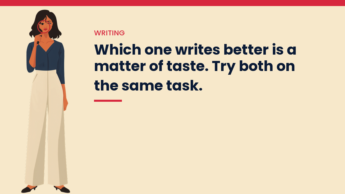 Illustrated VivaMomentum character beside the words: Which one writes better is a matter of taste. Try both on the same task.