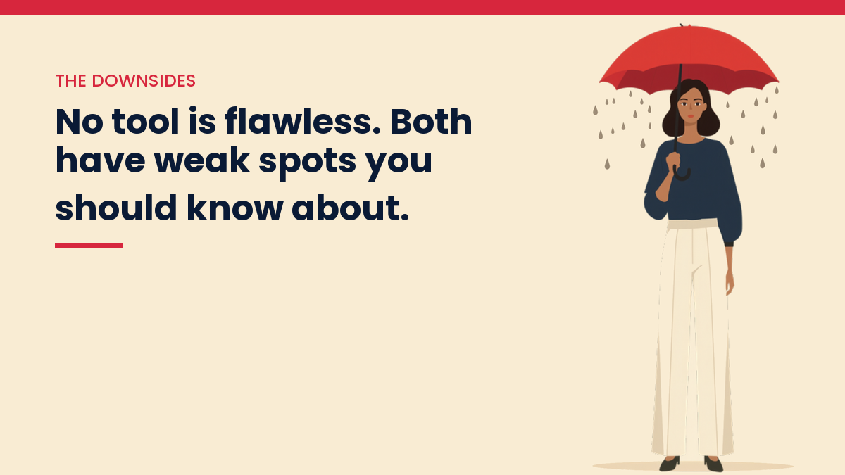 Illustrated VivaMomentum character beside the words: No tool is flawless. Both have weak spots you should know about.