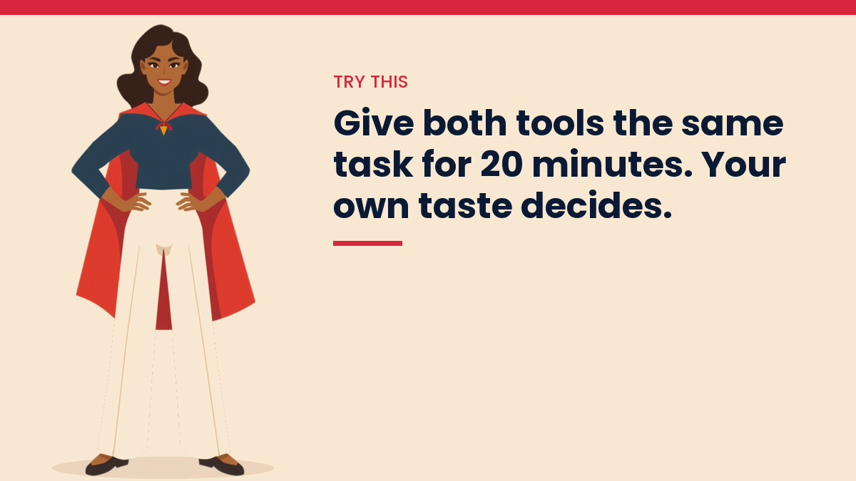 Illustrated VivaMomentum character beside the words: Give both tools the same task for 20 minutes. Your own taste decides.