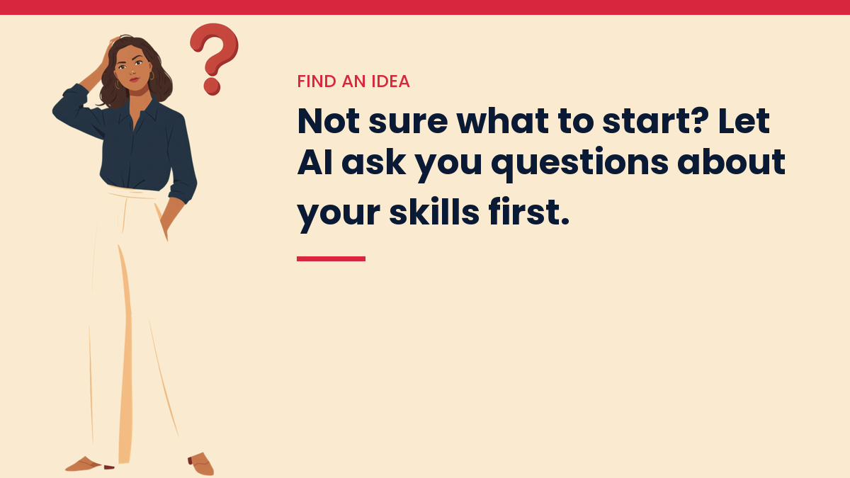 Illustrated VivaMomentum character beside the words: Not sure what to start? Let AI ask you questions about your skills first.