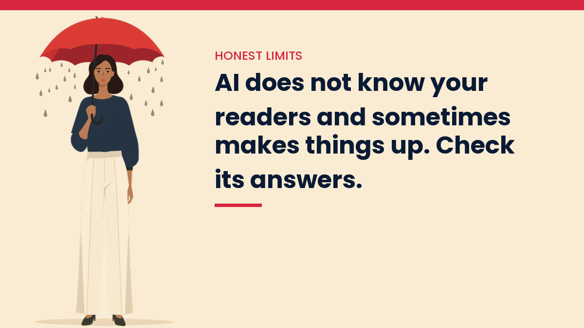 Illustrated VivaMomentum character beside the words: AI does not know your readers and sometimes makes things up. Check its answers.