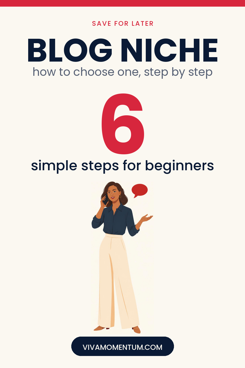 Pinterest image for the VivaMomentum article How to Choose a Profitable Blog Niche, with the illustrated VivaMomentum character