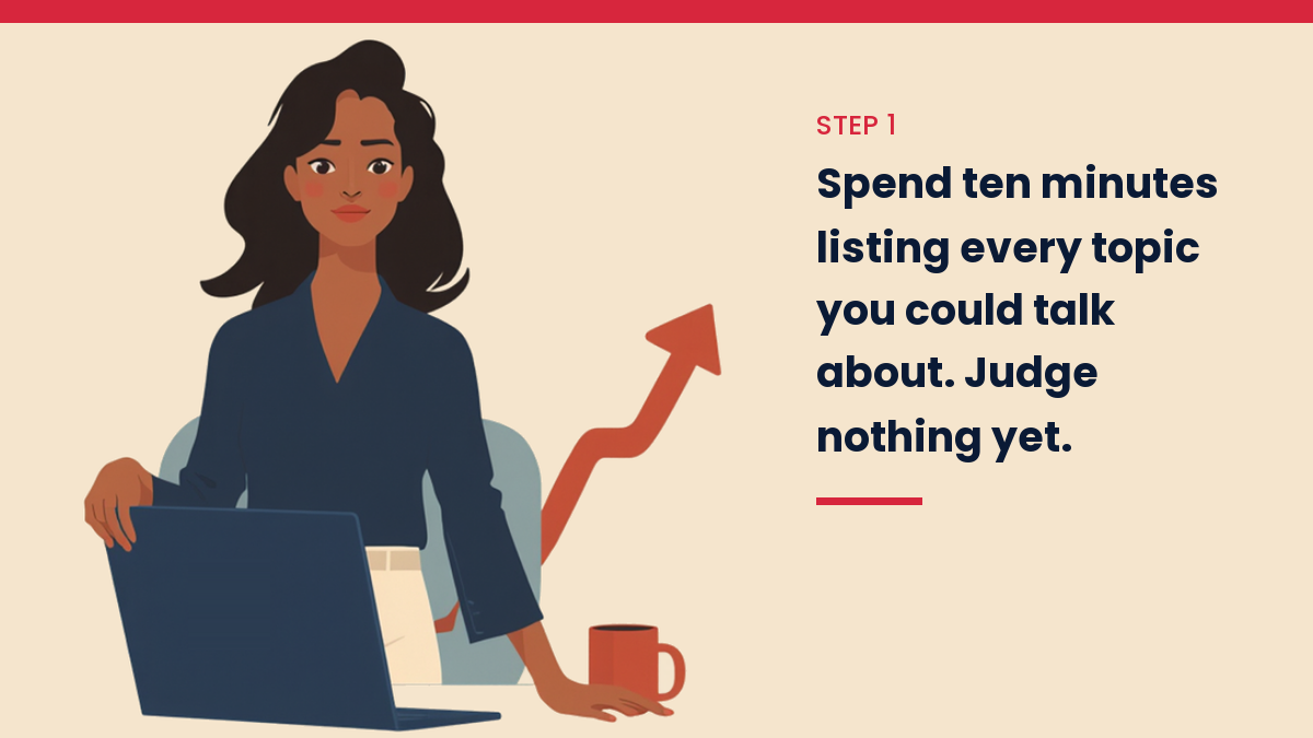 Illustrated VivaMomentum character beside the words: Spend ten minutes listing every topic you could talk about. Judge nothing yet.