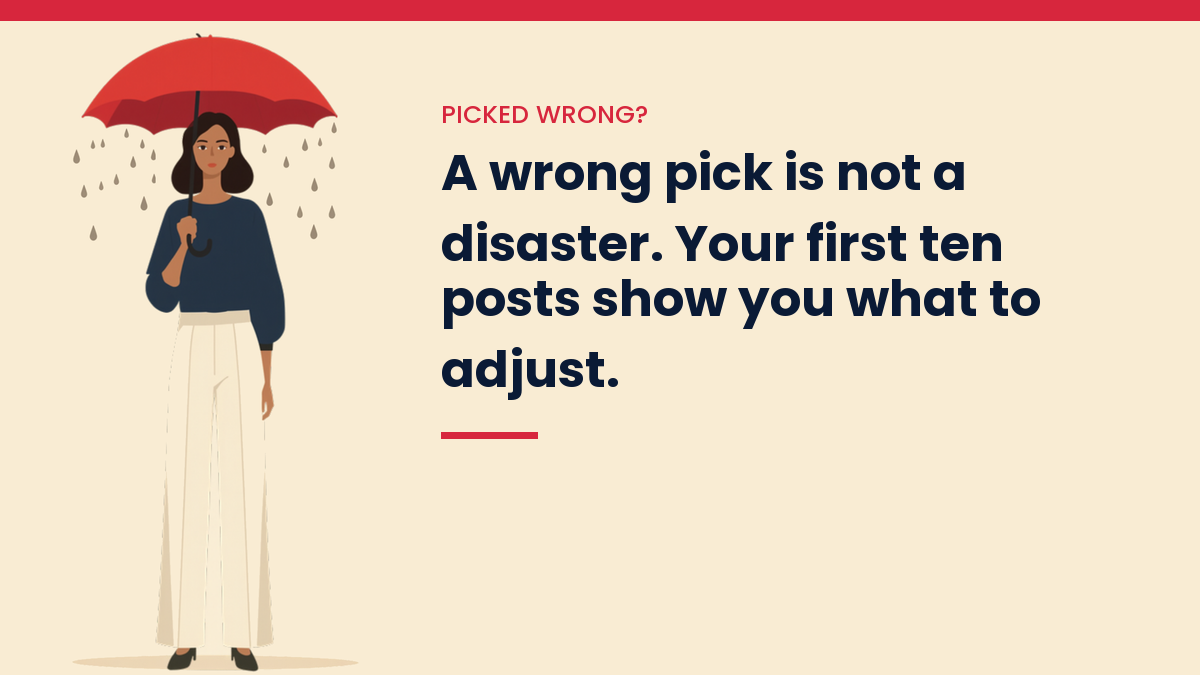 Illustrated VivaMomentum character beside the words: A wrong pick is not a disaster. Your first ten posts show you what to adjust.