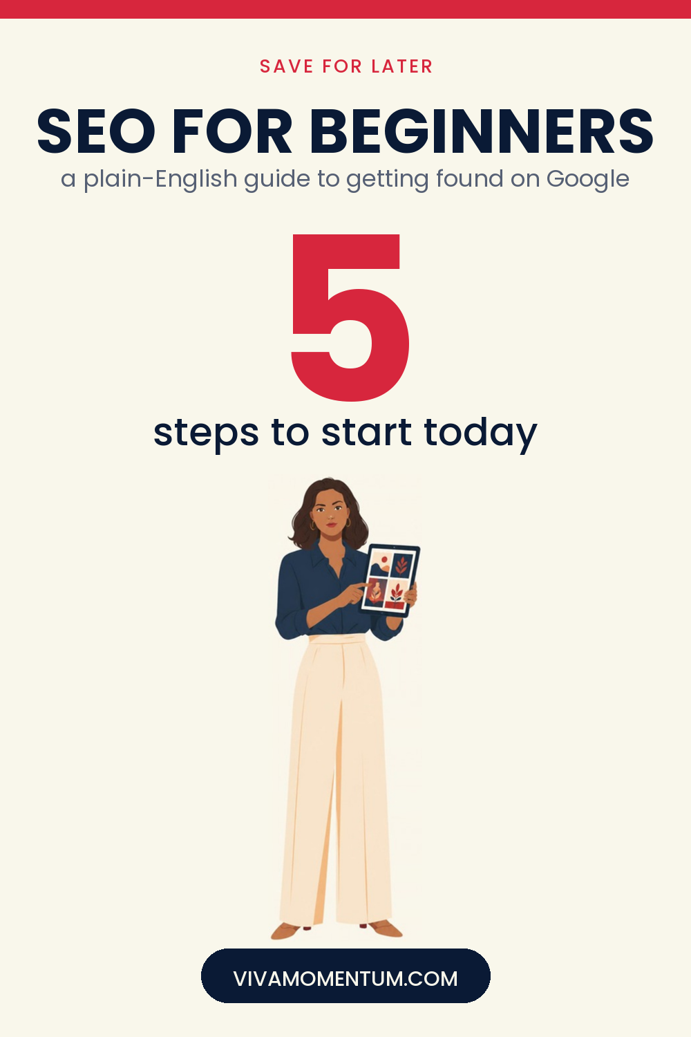 Pinterest image for SEO for Beginners: The Complete Guide: V, the VivaMomentum character, pinning ideas to a board