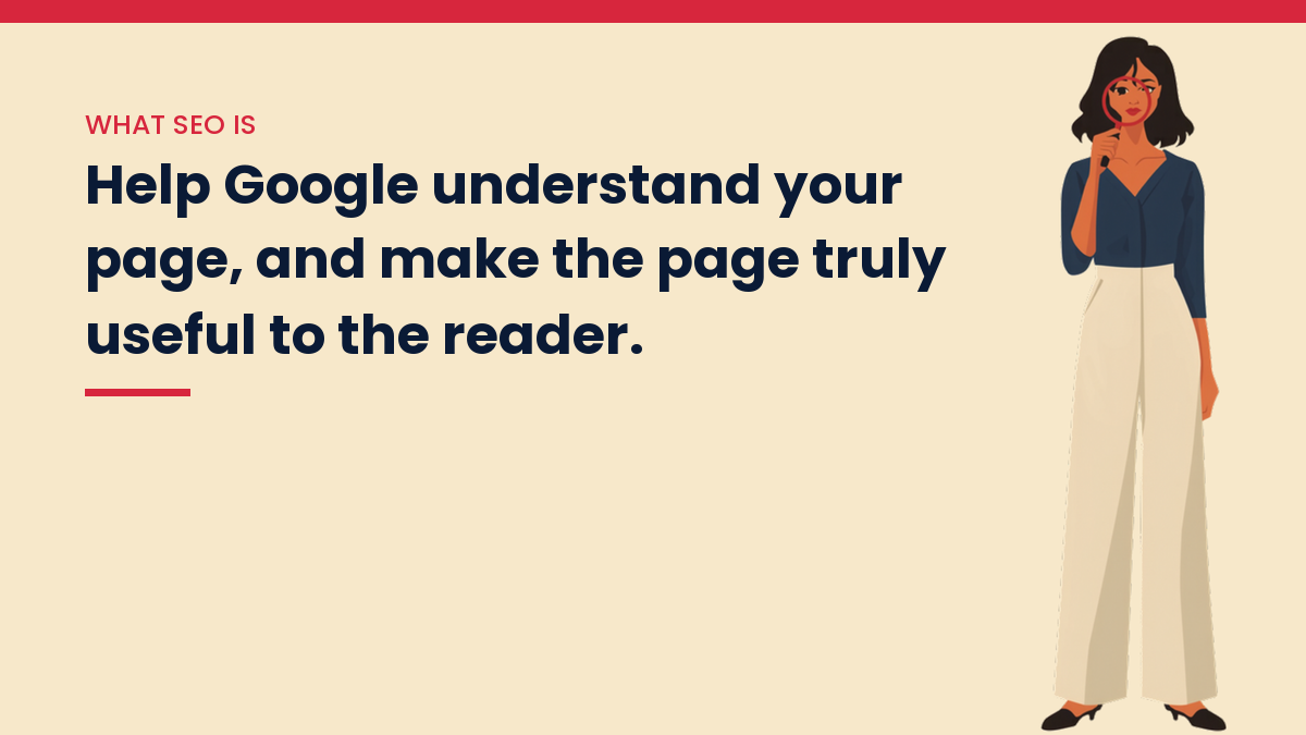V, the VivaMomentum character, looking through a magnifying glass, with the words: Help Google understand your page, and make the page truly useful to the reader.