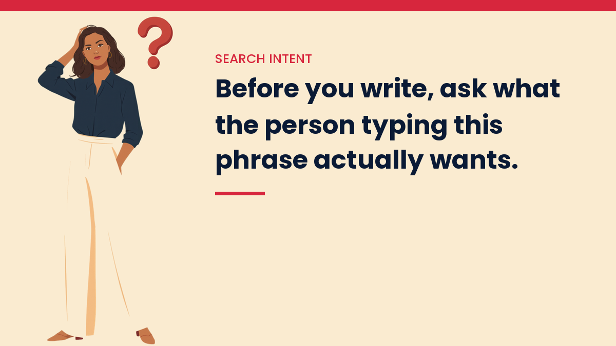 V, the VivaMomentum character, looking puzzled, with the words: Before you write, ask what the person typing this phrase actually wants.