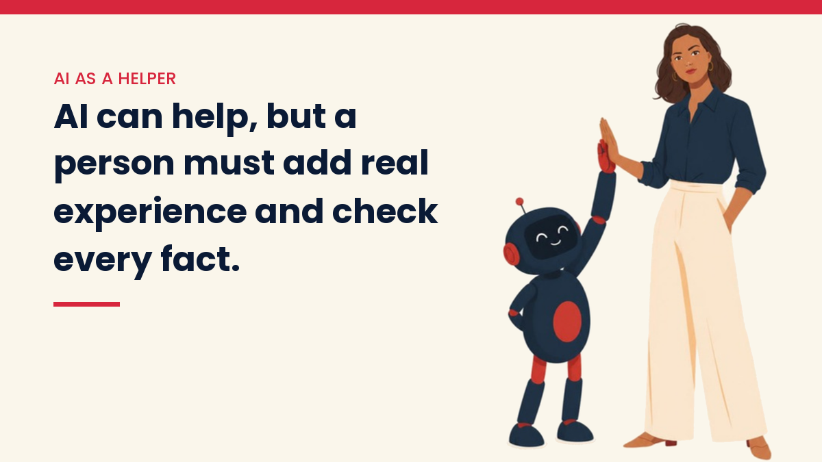 V, the VivaMomentum character, next to a friendly AI robot, with the words: AI can help, but a person must add real experience and check every fact.