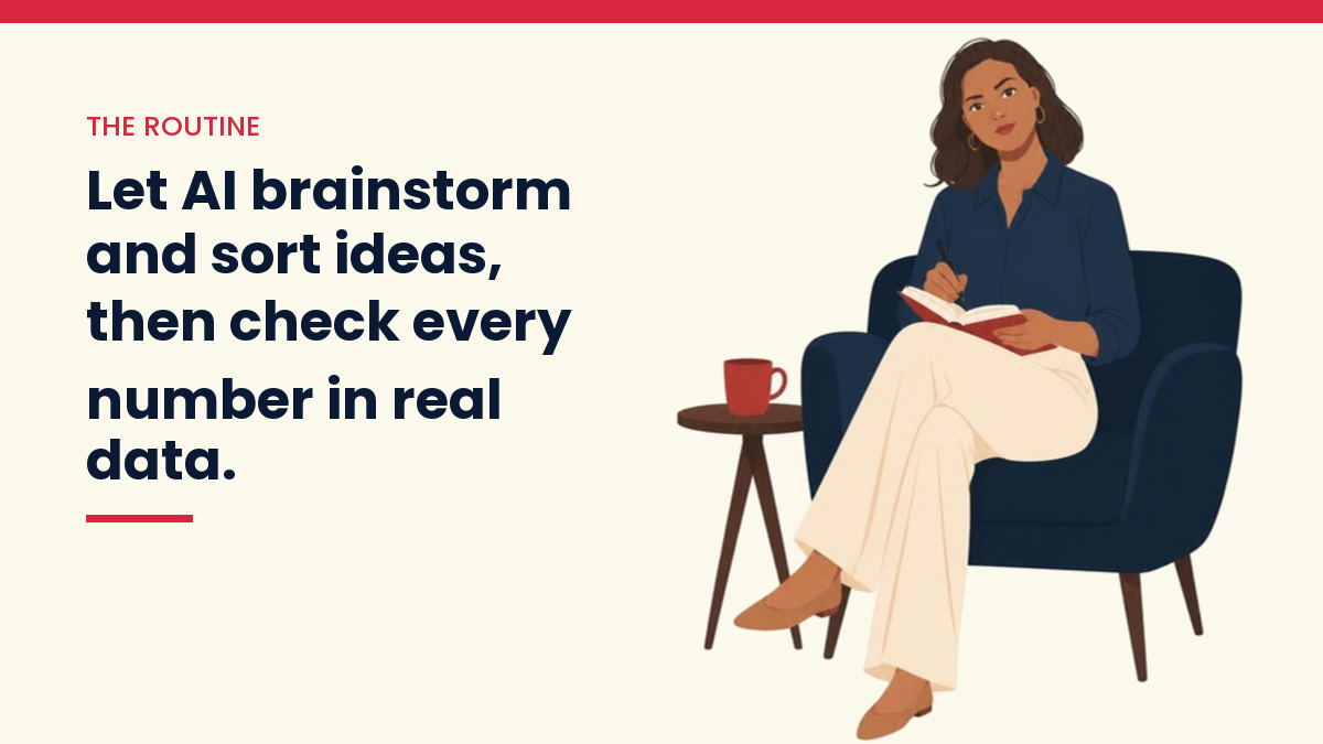 V, the VivaMomentum mascot, writing in a notebook in an armchair, next to the words: Let AI brainstorm and sort ideas, then check every number in real data.