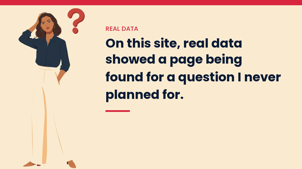 V, the VivaMomentum mascot, scratching her head under a question mark, next to the words: On this site, real data showed a page being found for a question I never planned for.