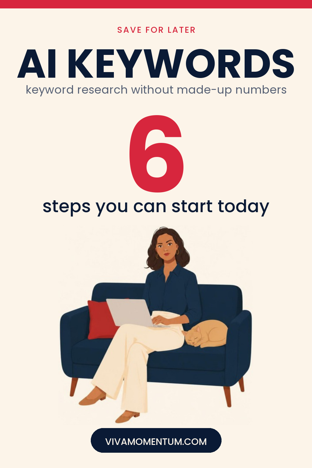 Pinterest image for How to Use AI for Keyword Research (Without Trusting Made-Up Numbers): V, the VivaMomentum mascot, on a sofa with a laptop and a cat