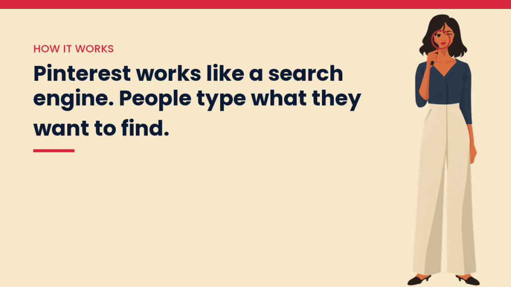 V, the VivaMomentum guide, thinking it over, hand on chin, next to the words: Pinterest works like a search engine. People type what they want to find.