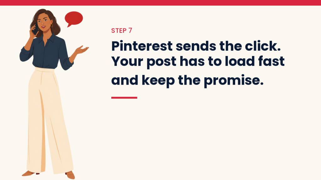 V, the VivaMomentum guide, talking on her phone, next to the words: Pinterest sends the click. Your post has to load fast and keep the promise.