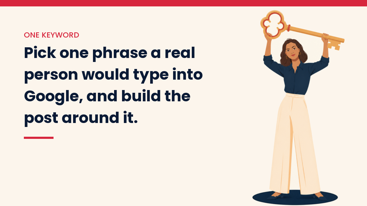 V, the VivaMomentum character, holding up a large golden key. Text: Pick one phrase a real person would type into Google, and build the post around it.