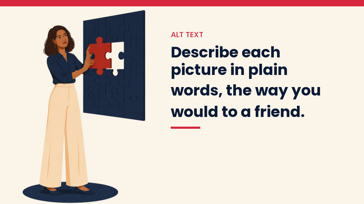 V, the VivaMomentum character, fitting a puzzle piece into a board. Text: Describe each picture in plain words, the way you would to a friend.