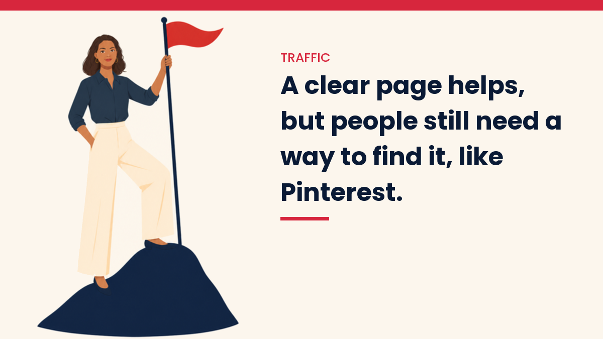 V, the VivaMomentum character, on a hilltop holding a red flag. Text: A clear page helps, but people still need a way to find it, like Pinterest.