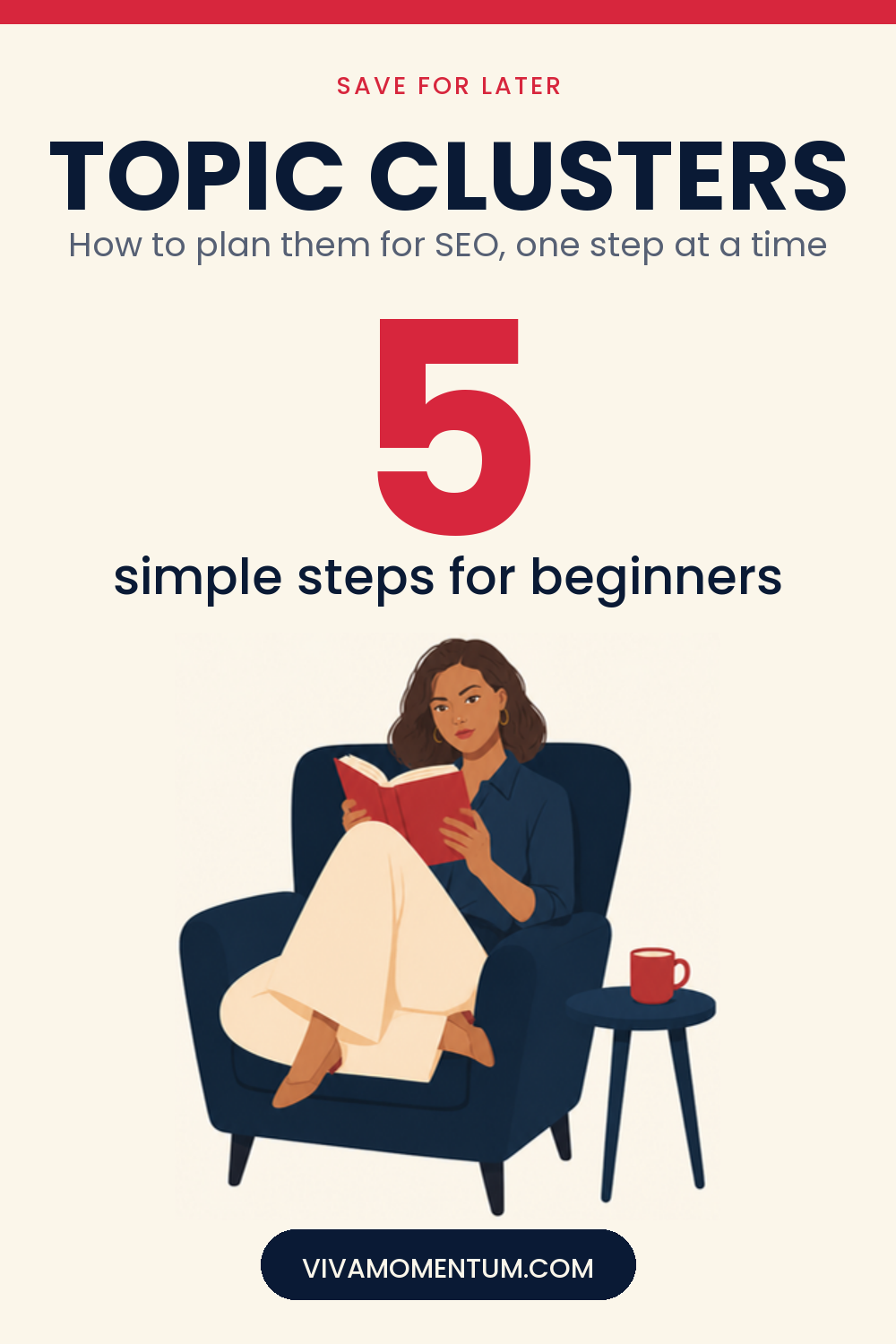 V, the VivaMomentum character, reading book pose. Text: Save for later: How to Create Topic Clusters for SEO