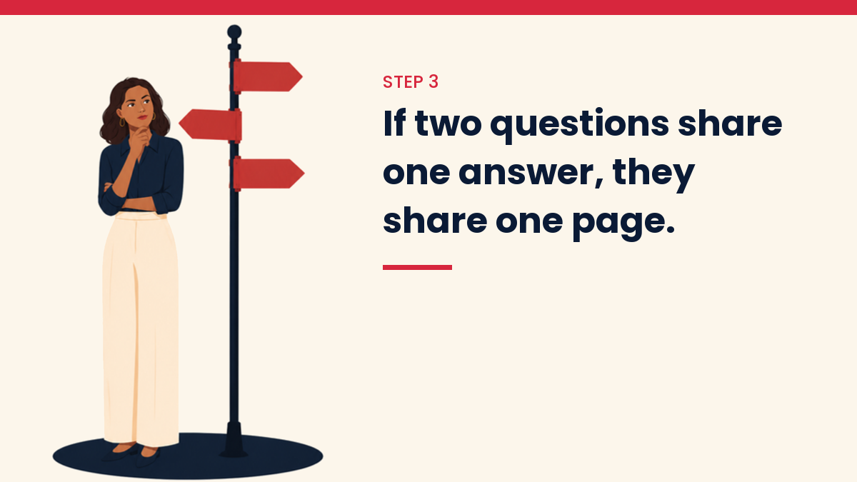 V, the VivaMomentum character, crossroads pose. Text: If two questions share one answer, they share one page.