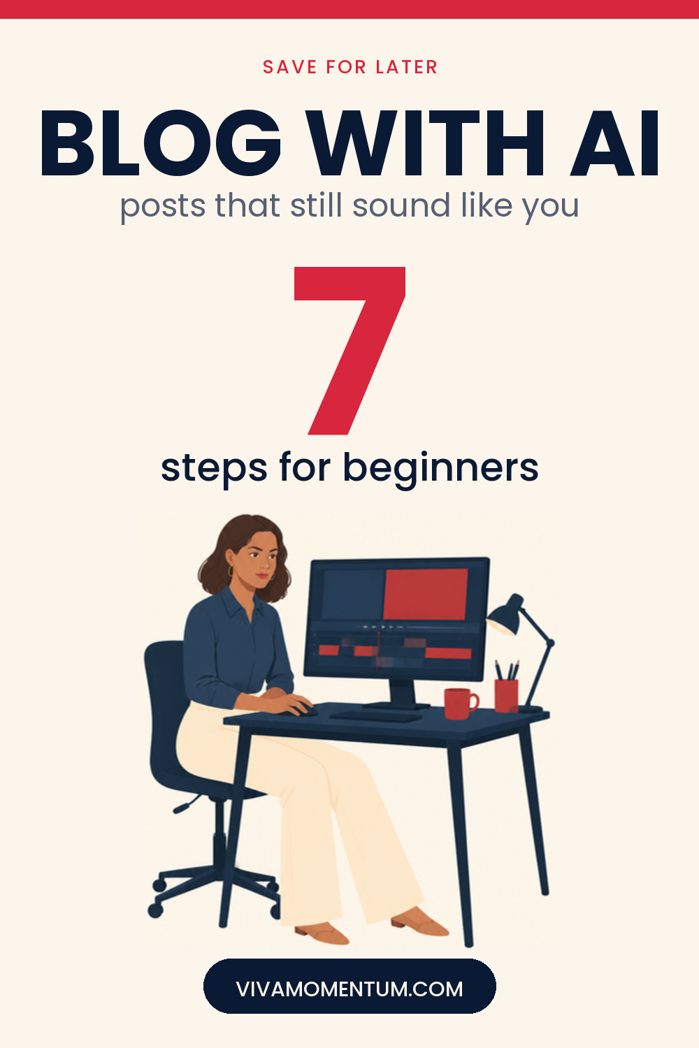 Pinterest pin: Blog With Ai, posts that still sound like you, with V editing a video. Save it to your Pinterest board.