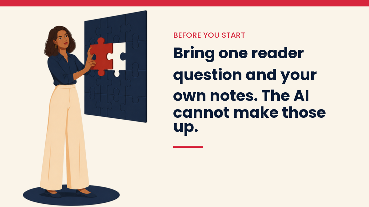 V, the VivaMomentum character, fitting puzzle pieces together, with the words: Bring one reader question and your own notes. The AI cannot make those up.